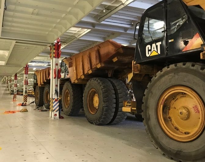 Roll-on/roll-off shipping of caterpillar dump trucks