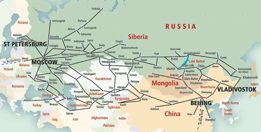 Rail transport map for Russia and surrounding countries