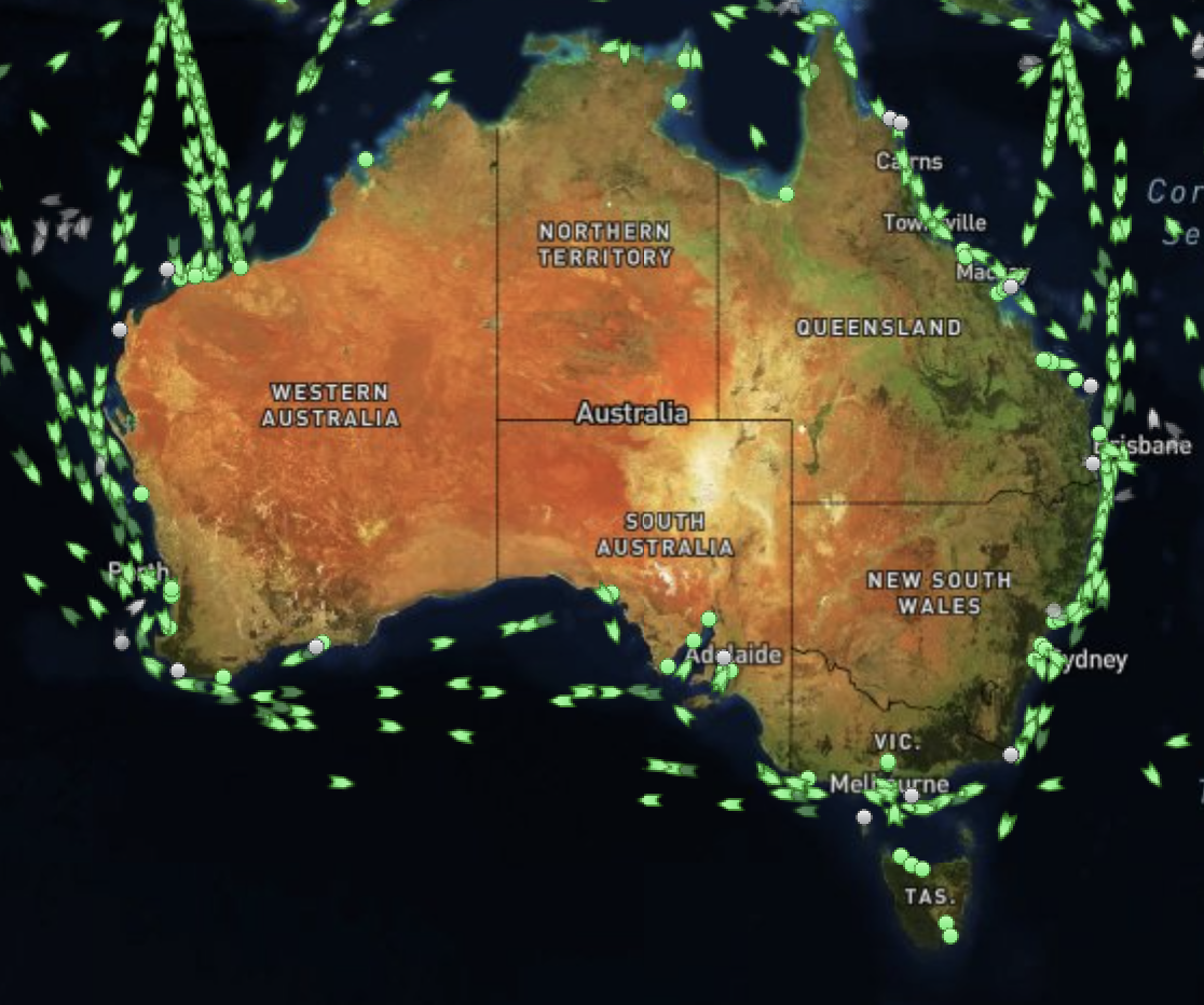 Satellite map of australia with green ship icons around the coast showing Australian port congestion.