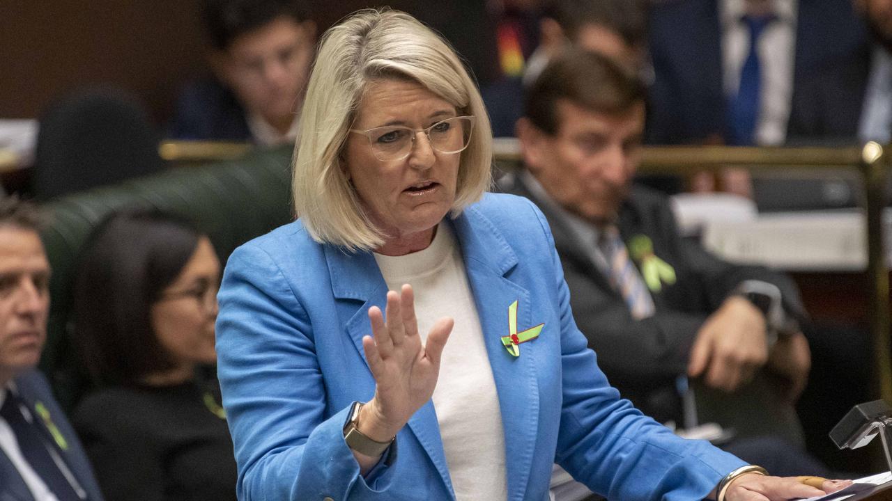 Yasmin Catley stands in parliament after protesters disrupt port operations wearing a white shirt and light blue blazer. She has a short blond bob and light coloured glasses. Pinned to her blazer is a green and red ribbon. She speaks with her hand out. 