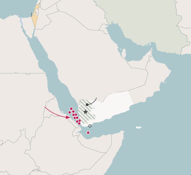 Map of the Houthi attacks in the Red Sea from Nov 19 to Dec 15 