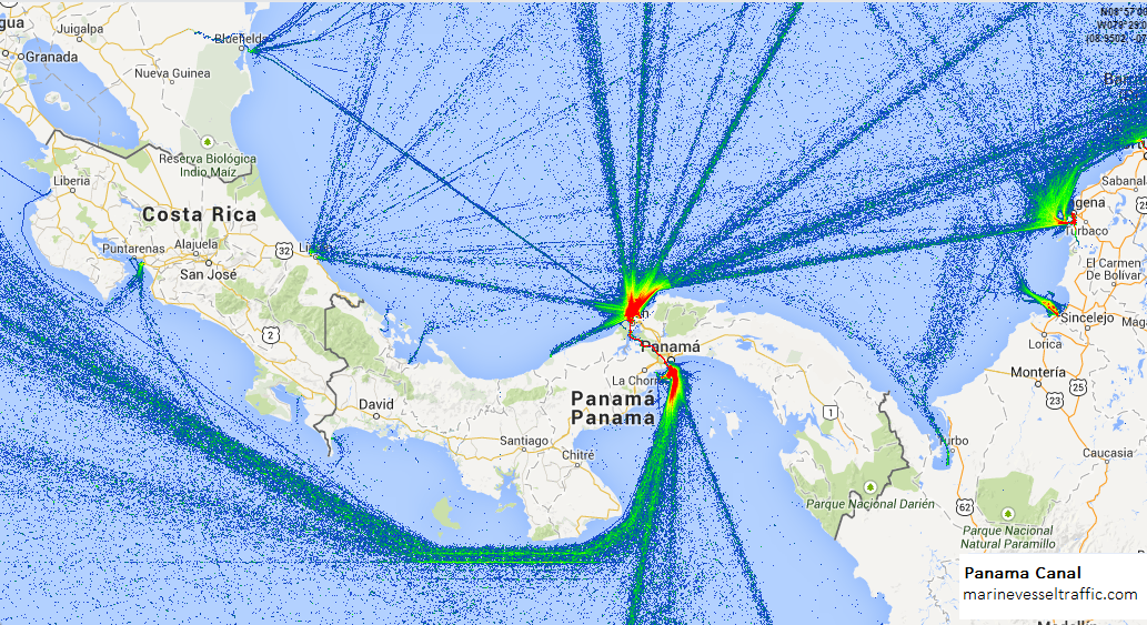 Map of Central American region around Panama. Dark blue and green lines depect ship traffic density