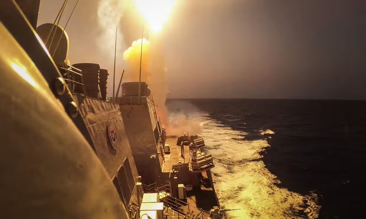 An Arleigh Burke-class guided-missile destroyer USS Carney (DDG 64) defeating Houthi missiles and unmanned aerial vehicles in the Red Sea in October. 