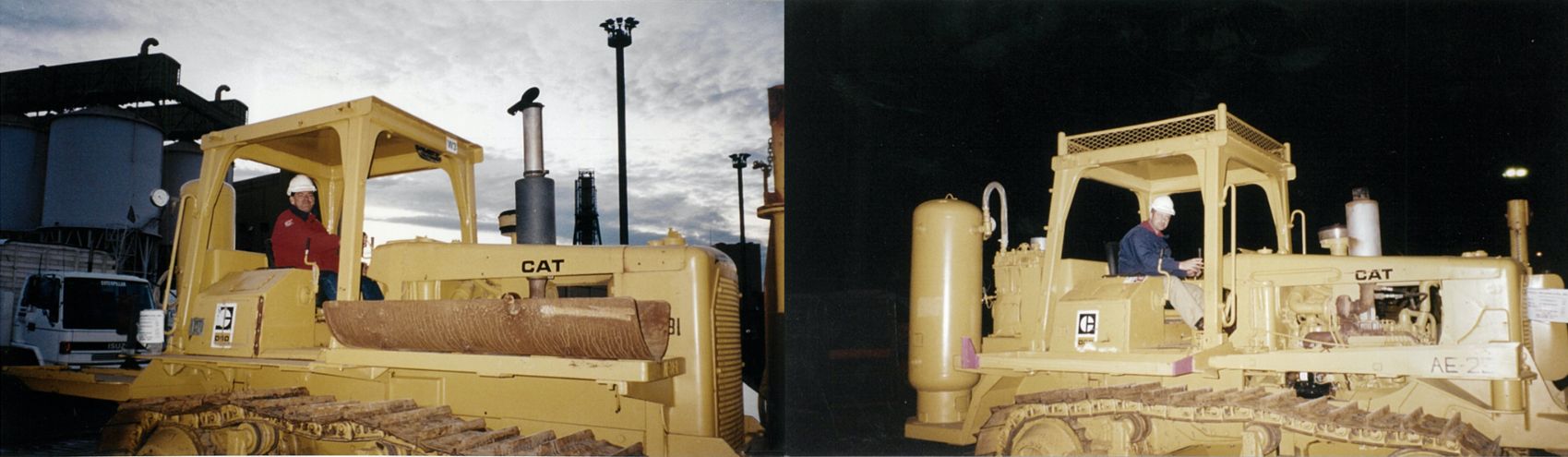 Two similar images side by side. In each John and Steve, respectively, operate a yellow CAT brand pipelayer machine. On the left is Steve in a red sweater and white hardhat, it's light but overcast. On the right is John in a dark blue/grey sweater and a white hardhat, it's later now and the sky is dark.